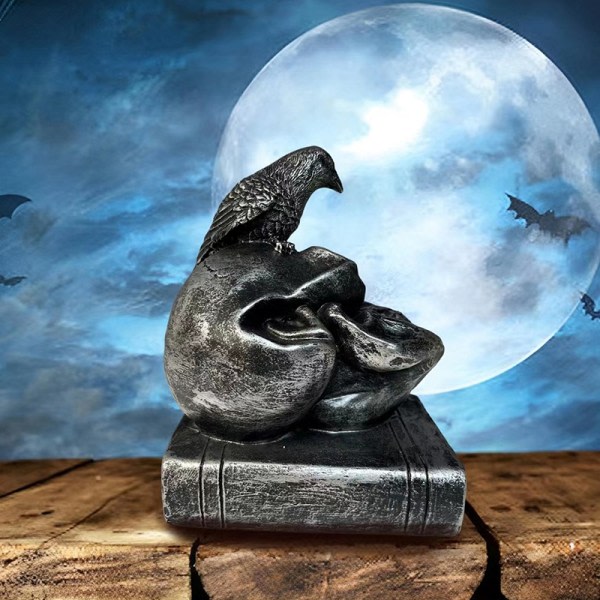 Gotisk Halloween Döskalle Kråkstaty Harts dekorativ skulptur T Svart
