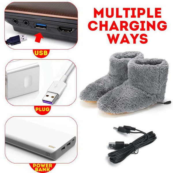 USB-lämmittimet talvi-tossut, sähköiset kengät, lämmitystyyny, plyysi, lämpimät sähkötossut, lämmitetyt pohjalliset, harmaa