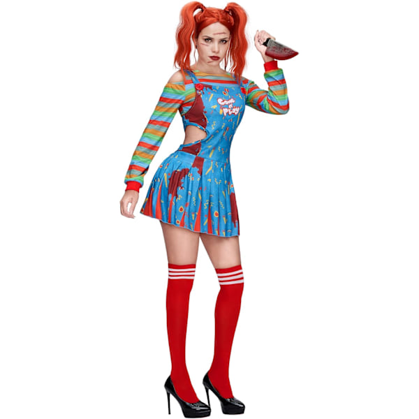 Dukkedukke-kjole til kvinder, regnbue-skjorte-klovn-cosplay-kjole, strømpebåndsskørt og knæstrømper til Halloween-festkostume S M