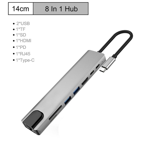 Högkvalitativ 8-i-1 Type-C expansionsdocka USB 3.0 PD Multifunct Grey A2 Gray A2