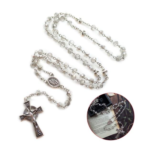 Gray crystal rosary necklace long cross pendant women beaded religious jewelry