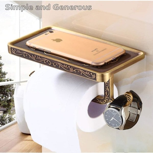 Toalettpapirholder i bronse, Toalettpapirholder i antikk messing, Premium veggmontert toalettpapirholder med hyller og kroker