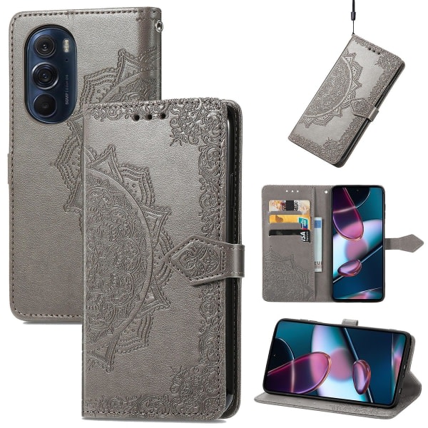 Case til Motorola Edge X30 Cover Emboss Mandala Läderplånbok Magnetisk Flip Case Kortholdere - Grön Grey A