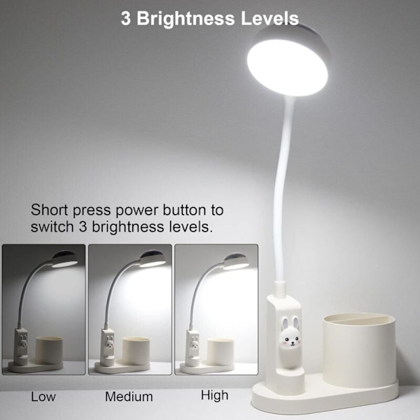 Børne Skrivebordslampe, Studielampe med Penneholder, Automatisk Farveskiftende Sengelampe, Dæmpbar Genopladelig LED Læselampe til Børn (Hvid)