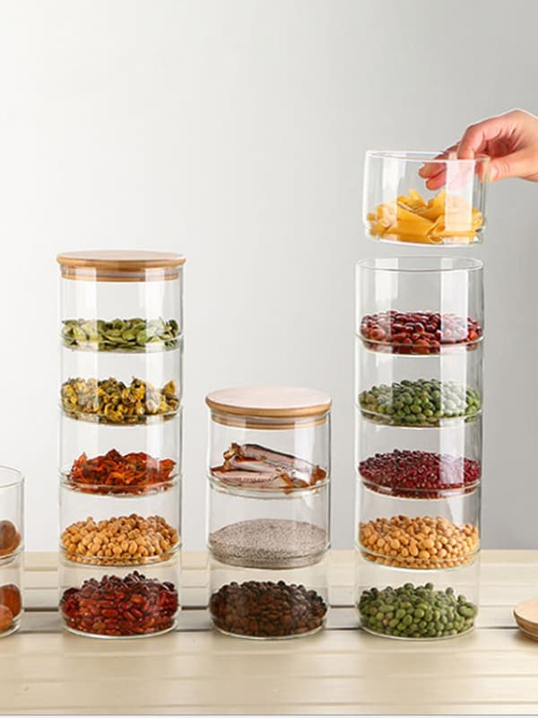 Airtight Kitchen Storage Containers, Three-Tier Stackable Glass Jars Bamboo Lids, Clear Borosilicate Glass Multifunctional Storage, Microwave Safe