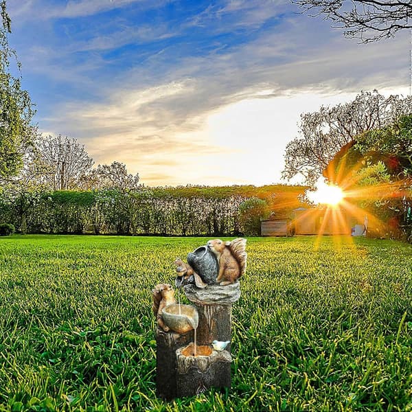 Solar-Driven Squirrel Stacked Waterfall Fountain with LED Lights and Pump