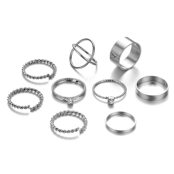 9x Twisted Stacking Ring Set Smooth Skinny Band Ring Comfort Fit Justerbar Open Ring Band Statement Smycken för kvinnor Silver