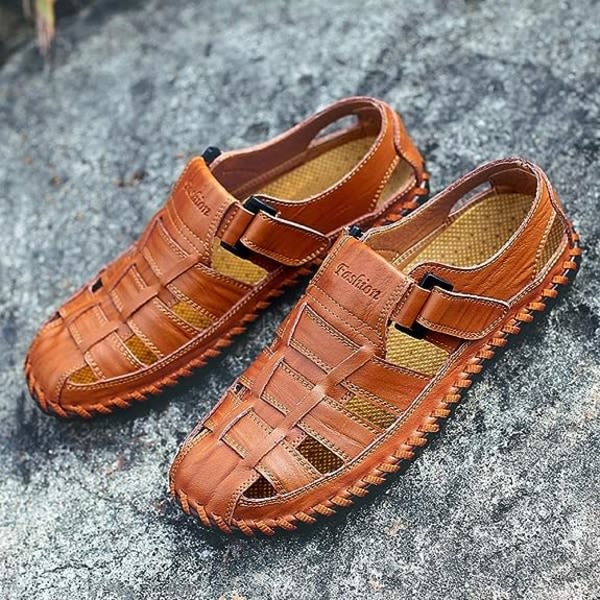 Herrsandaler i läder med stängning, bekväma vandringsskor för sommar och utomhusaktiviteter, 42
