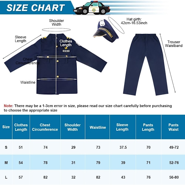 Politidrakter for barn, politi kledd med vest og hatt, politidrakt for barn 4 pc-L