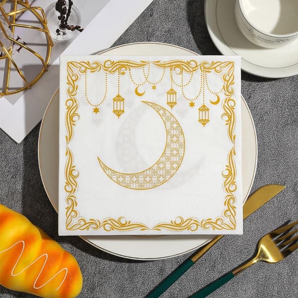 Ramadan papirservietter 20-pak 33x33 cm, guld måne- og lantedesign, absorberende engangsservietter til Iftar-borddækning