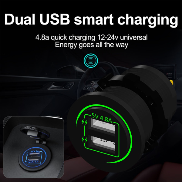 Dobbelt USB-oplader-stik, vandtæt, hurtigopladning med LED til 12V/24V bil, båd, marine, ATV, blå