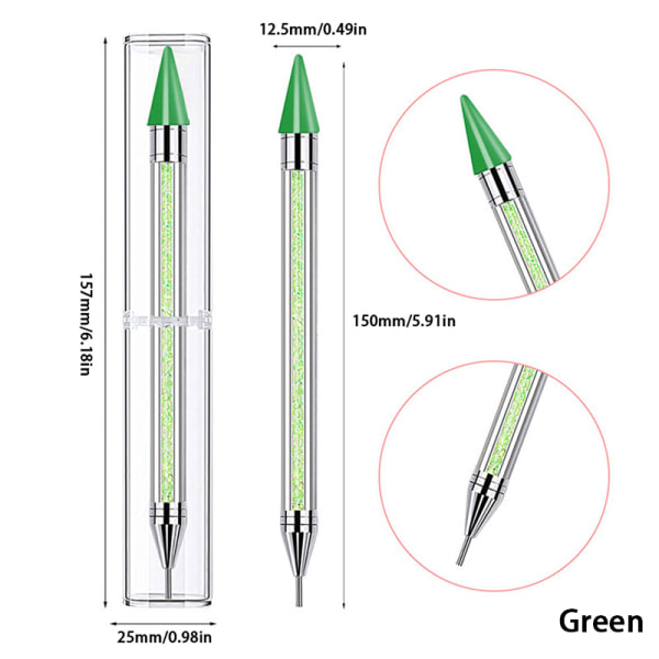 1. dobbeltsidet prikkepenn Rhinestone Picker voksblyant neglekunst grønn en størrelse Green one size