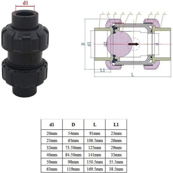 Kulbackventil 20 25 32 40 50 63mm poolbackventil envägsventil anti-återflödes pvc ventil envägsventil (Innerdiameter 40mm)