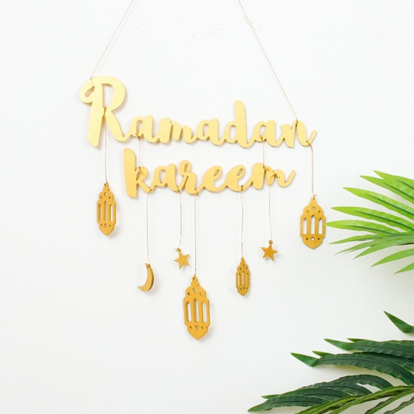 Eid Ramadan -koriste, puinen seinävaate, Ramadan Kareem -kuu, tähti, riipus, kulta
