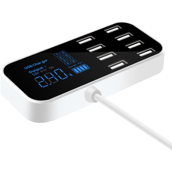 A9S Hurtig Biloplader 8 Porte Multi USB LCD-skærm Telefonoplader 12V USB-hub Til Telefon Tablets DVR, Sort