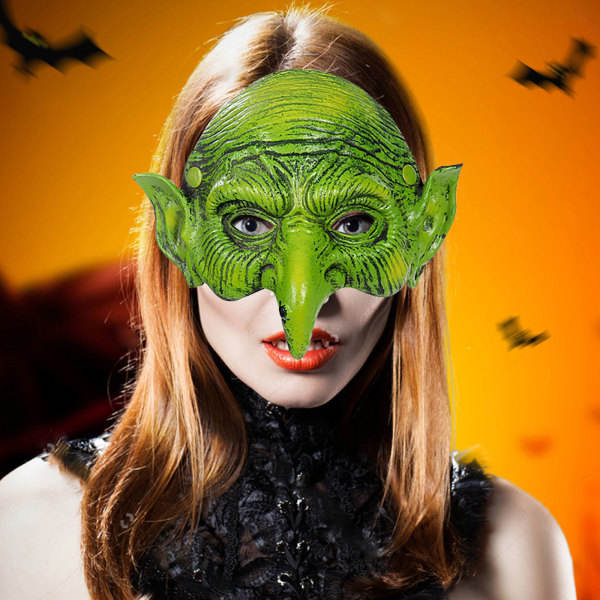 Grön häxmask Skräck läskig halvansikts häxmask Pu-skummande mask med lång näsa Halloween Skrämmande Cosplay-kostymer