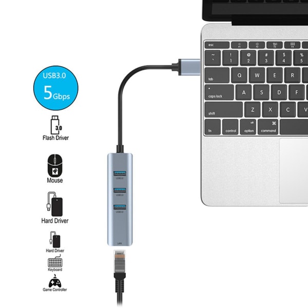 USB Ethernet-adapter med USB 3.0 Hub 3-ports USB Hub, USB-delare för höghastighetsdataöverföring för bärbar dator, mobil hårddisk