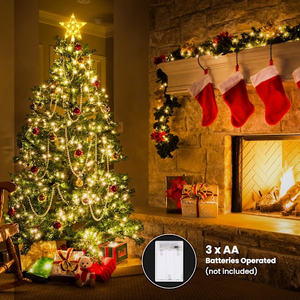 Topper juletre stjerne, 11 LED 19,4 cm julestjerne juletre varmt hvitt batterilys juledekorasjon pentagram lampe varm vit 11 LED