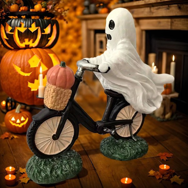 Ghost Sculpture - Cycling Ghost Decal with Pumpkin Basket | Halloween Sculpture for Bedroom and Living Room Decoration