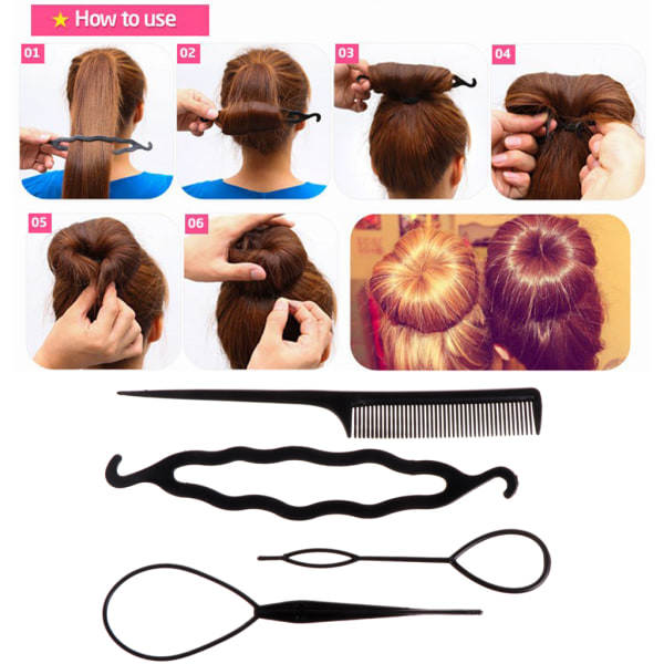 4-pack Svart Plast DIY Styling Verktyg Hårclips för Kvinnor Hårstift Kam Håruppsättningar Donut Twist Hårstilverktyg