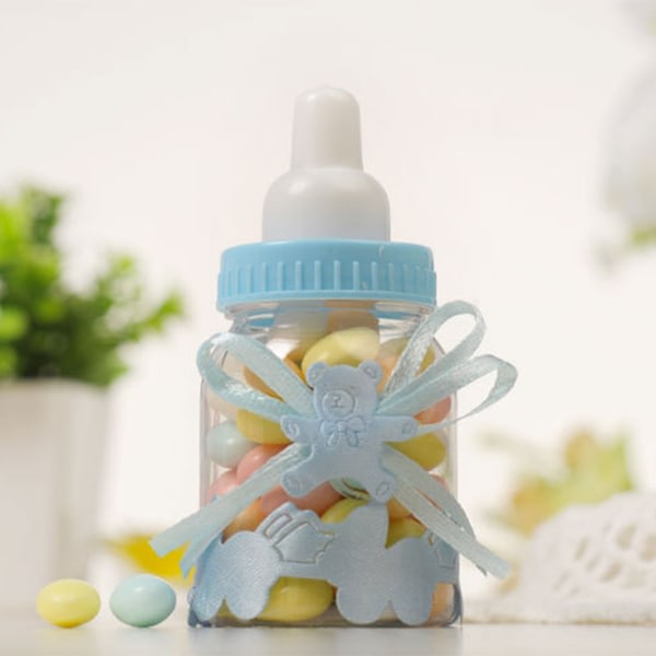Söta mjölkflaskegodisboxar 12 st plast transparent rosettset för babyshower dop bröllop rosa