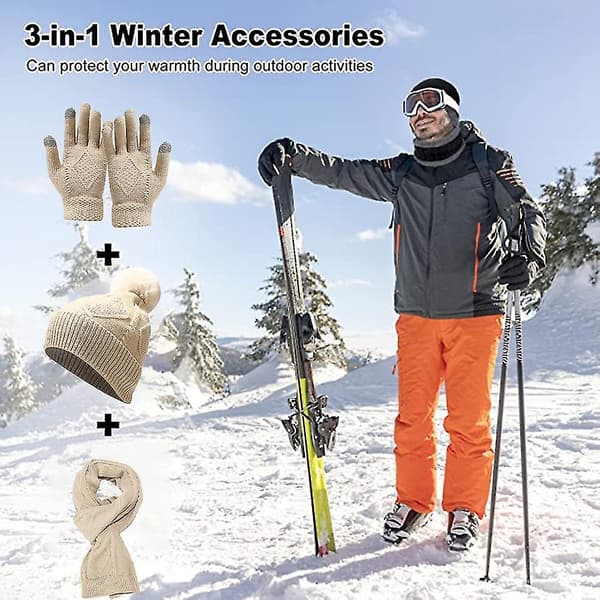 Vintermössa + lång halsduk + vantar Set för kvinnor och män - beige beige