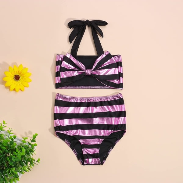 AVEKI Babyflicka Set Glimrande Ränder Baddräkt Barn Halter Toppar Shorts med Hög Midja Baddräkt Strandkläder, 0-3 månader, Rosa