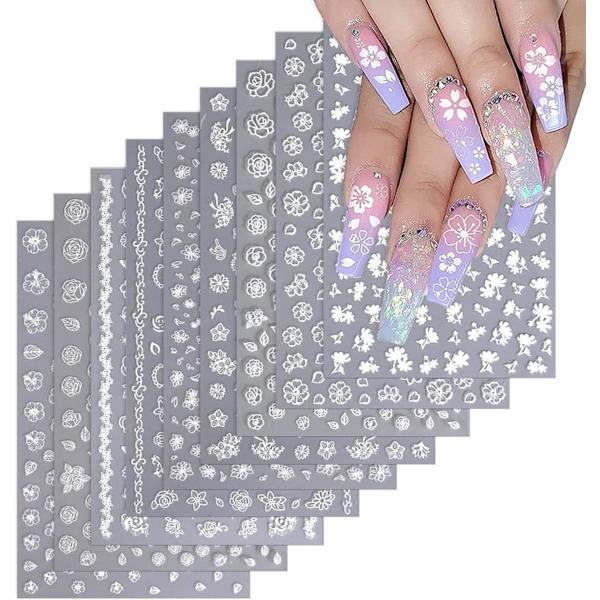 Blomma Nagelklistermärken Nageldekaler för kvinnor Nail Art Supplies Utsökt Vit Blomma Rose Leaf Nail Designs Tillbehör Kit 3D Self 8 Sheets