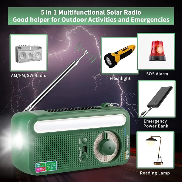 Solardriven handvev radio med nödströmförsörjning, AM FM SW radio med SOS-larm, 2000 mAh powerbank, ficklampa och läslampa Green