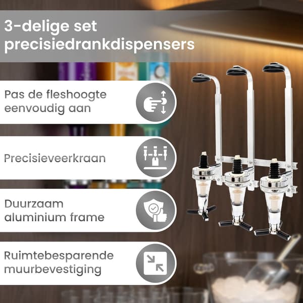 DIVERZA Väggmonterad spritdispenser för 3 flaskor, barbutler i metall med doseringsmått för hemmabar och presenter