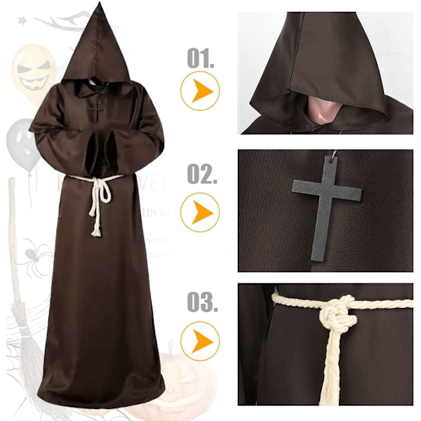 Halloween-koriste, keskiaikainen renessanssi, munkki ja naru, miesten papit ristillä teemajuhliin halloween-cosplay-karnevaaliin ja karnevaaliin Brun XL