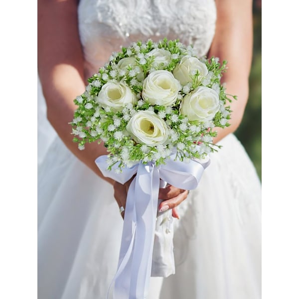 11.02 tum Fake Rosbukett, Konstgjord Silke Gypsophila för Bröllop och Heminredning (Vit) white rose