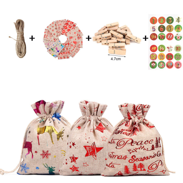 Adventskalender, 24 påfyllbare tøyposer, gaveposer med nummererte tagger og 24 trepinner, juteposer for DIY juledekorasjoner（farge）