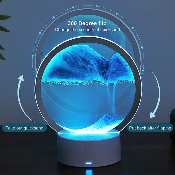 Blå Flytande Sandkonst Lampa - 3D Dynamisk Kvicksand Landskap Timglas Dekor