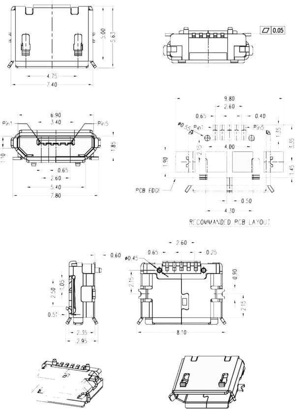 10-pack Micro USB Typ B Hona kontakt 180 Grader 5-pin SMD SM