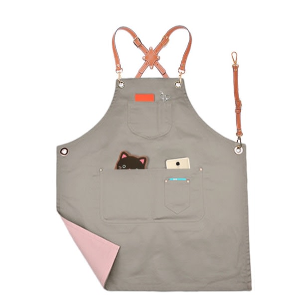 Mode jeansförkläde, arbetskläder förkläde (Cross brown bälte canvas dubbelsidig grå rosa),