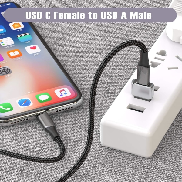 USB til USB C-adapter 3-pak, type C hun til han opladerkabelkonverter til Apple Watch 8 7, MacBook, iPhone 12 13 14 15 Max Pro（Sølv） Silver
