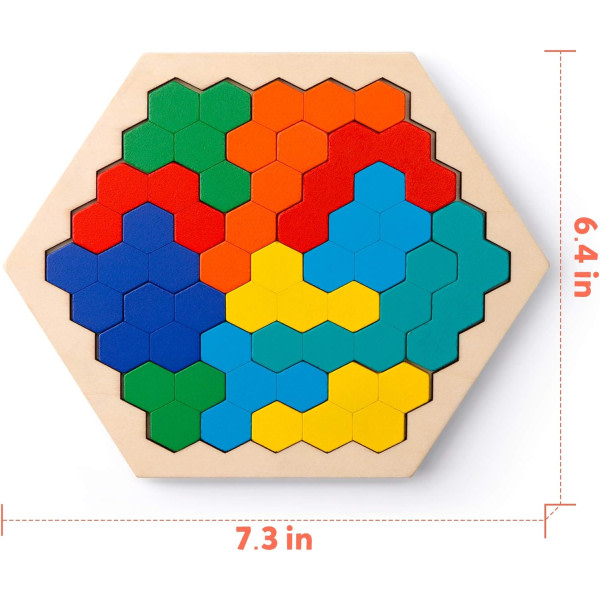 Hexagonpussel i trä - Formblock Tangram Hjärngåta Leksak