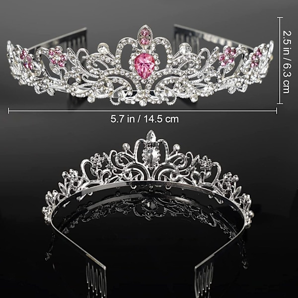 Krone-tiara, Prinsessekrone, Rairsky Dametiaraer, Krone Piger, Sølvtiara til Kvinder Rosa Krystal Tiara Krystalkrone med Kamme, Krystaller