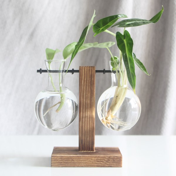 Hydroponiska växtvaser Vintage Blomkruka Transparent Vas Träram Glas Retro A