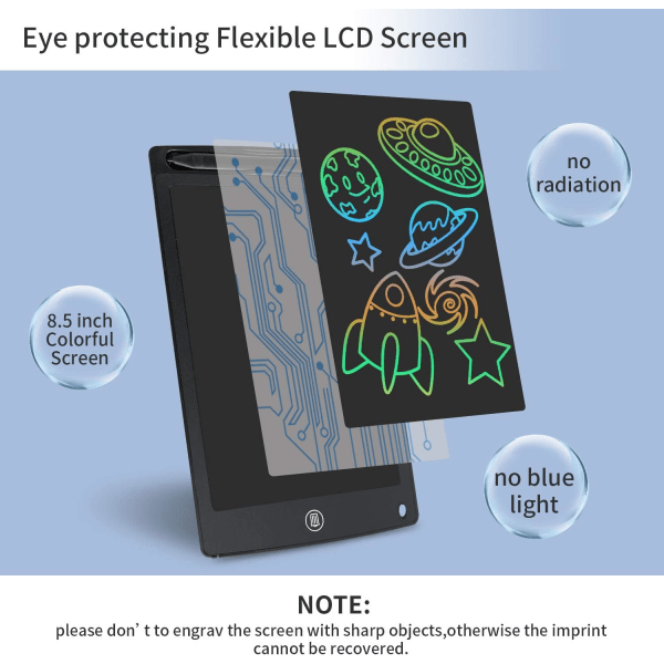Fargerik LCD-skriveplate, 8,5 tommers tegnebrett Grafik Tablett Nøkkellås Håndskrift Doodle Tegneplate Barneleker Gaver til gutter Jenter (svart)