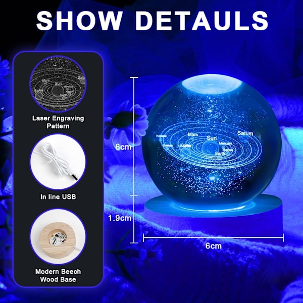 3D Solsystem Krystallkule Nattelys, LED-base med 7 farger, USB-lading Multicolor USB charging