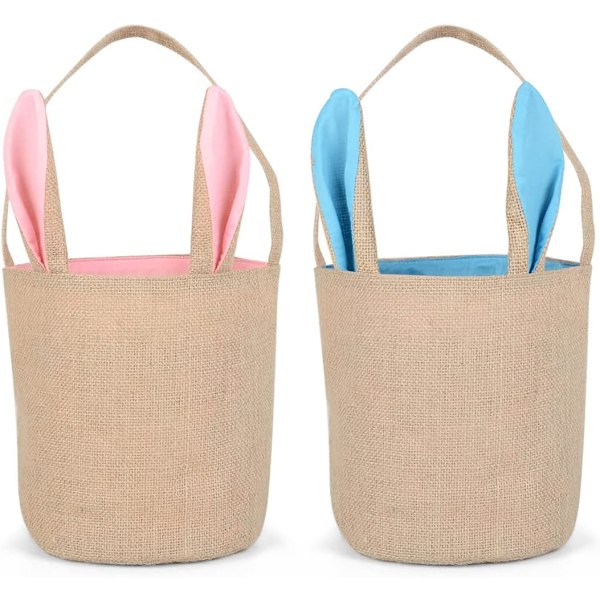 Easter cloth basket, bunny ears basket, 2 baskets for Easter bunnies, burlap bag Easter egg basket, blue and pink, for Easter egg candy filling