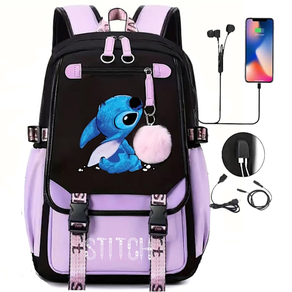 Tyk skoletaske rygsæk student usb sportstaske Purple