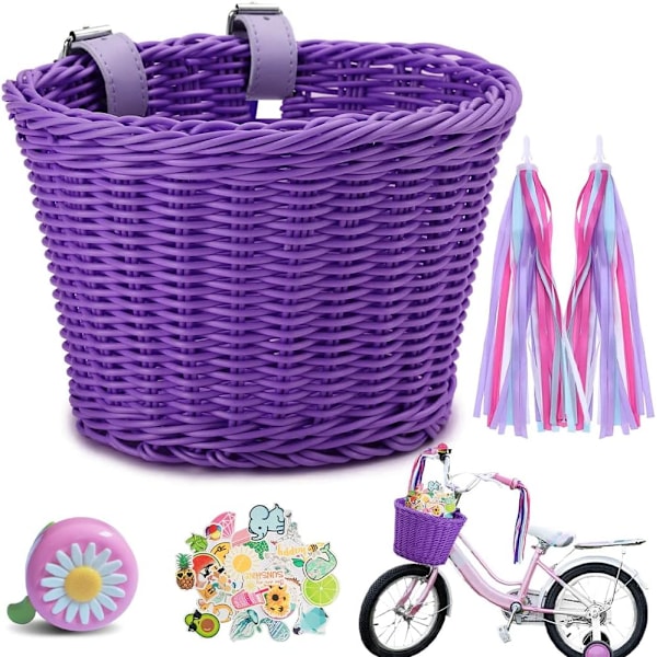 Cykelkurv til foran med læderstropper, vævet babycykelkurv, aftagelig rattan med klokker og kvaster Purple