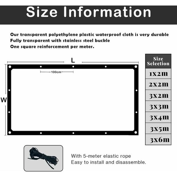 Vedenpitävä Läpinäkyvä Polyeteenipeite Silmukoilla, Säänkestävä (2x2m)