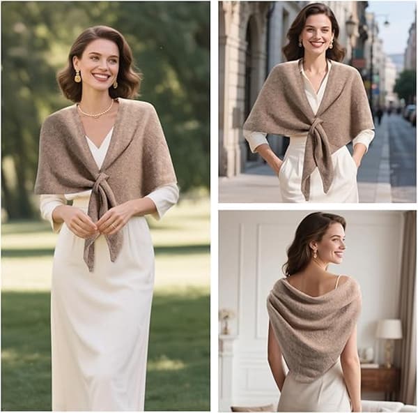 Damstickad sjal - Triangulär sjal - Triangulär sjalcape - Halsduk - Utomhuscape - Varm - Mjuk - Elegant och enkel - Khaki