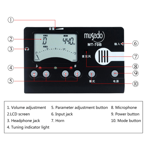 Portabel Guzheng-stämapparat med LCD-display, metronom och ackordfunktion