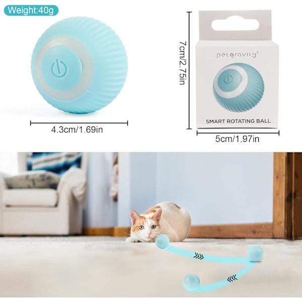 Interaktiv kattboll, 360° självrötande elektrisk boll, kattboll med LED-lampa, USB-laddning