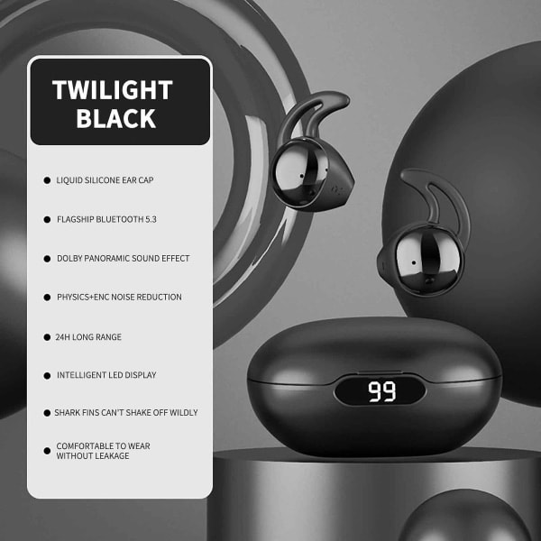 Sömnbluetooth-hörlurar Mjukt silikonfodral Amsr brusreducerande hörlurar i örat Bluetooth-hörlurar med digital display Svart Black